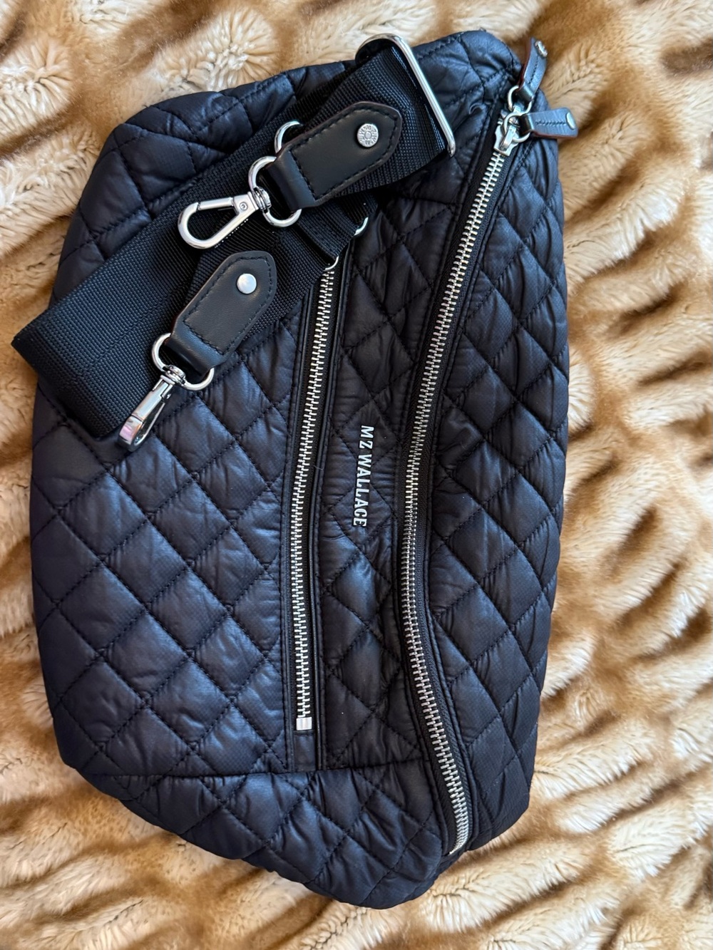 MZ Wallace Black Quilted Crossbody Sling Bag with Silver Hardware